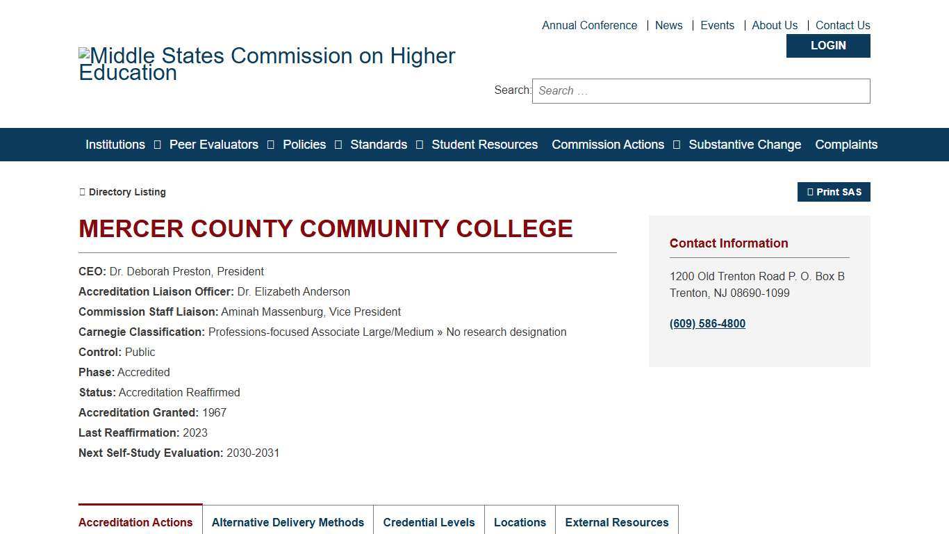 Mercer County Community College - Statement of Accreditation Status